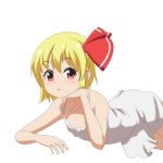  1girl alternate_costume anime_coloring arm_support blonde_hair blush bow cato_(monocatienus) chemise commentary flat_chest hair_bow hand_on_own_cheek looking_at_viewer lying on_stomach open_mouth red_eyes rumia short_hair simple_background sleepwear solo touhou white_background 