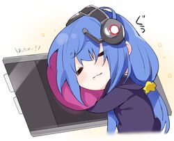  1girl =_= bangs blue_hair chibi closed_eyes closed_mouth commentary_request drawing_tablet drooling eyebrows_visible_through_hair hair_between_eyes hair_ornament hair_scrunchie headphones headset highres hood hood_down hoodie kamioka_shun&#039;ya long_hair original pillow purple_hoodie saliva scrunchie solo tablet translated upper_body very_long_hair yellow_scrunchie 