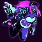  1girl akali asymmetrical_legwear baseball_cap belt black_pants bodypaint bracelet breasts cleavage crop_top cropped_jacket face_mask full_body gloves glowing hat highres inverted_colors jewelry k/da_(league_of_legends) k/da_akali league_of_legends mask midriff monochrome navel neon_lights open_clothes outstretched_arm pants pink_hair ponytail purple_background shoes simple_background sneakers solo spray_can ultraviolet_light ume_(yume_uta_da) yellow_eyes 