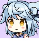  1girl :3 animal_ears azur_lane bangs bare_shoulders black_bow blue_hair blush_stickers bow brown_eyes double_bun eyebrows_visible_through_hair flower fubuki_(azur_lane) hair_bow hair_flower hair_ornament long_hair looking_away nagato-chan parted_lips portrait purple_background purple_bow side_bun simple_background solo white_flower 