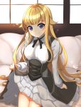  1girl absurdres bangs blonde_hair blue_eyes blunt_bangs blush couch highres indoors kogetsu_azami long_hair looking_at_viewer princess_(princess_principal) princess_principal school_uniform sitting skirt skirt_lift smile solo very_long_hair white_skirt window 