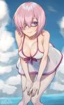  1girl bent_over black-framed_eyewear blue_sky breasts cleavage clouds day dress fate/grand_order fate_(series) glasses hair_between_eyes hair_over_one_eye hands_on_own_knees large_breasts looking_at_viewer mash_kyrielight ocean outdoors pink_hair purple_ribbon ribbon short_dress short_hair sideboob sky sleeveless sleeveless_dress smile solo sundress twitter_username violet_eyes white_dress you06 