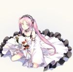  1girl arm_strap asterios_(fate/grand_order) bangs character_doll choker cis05 collarbone dress euryale fate/grand_order fate_(series) floating_hair full_body grey_background hairband kneeling lolita_hairband long_dress long_hair looking_at_viewer parted_bangs pink_eyes pink_hair shiny shiny_hair simple_background sleeveless sleeveless_dress smile solo thighlet twintails very_long_hair white_sleeves 