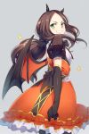  1girl bangs black_bow black_gloves bow bowtie brown_hair check_character cis05 elbow_gloves fate/grand_order fate_(series) floating_hair frilled_skirt frills from_behind gloves green_eyes grey_background grin halloween halloween_costume horns leonardo_da_vinci_(fate/grand_order) long_hair looking_at_viewer orange_skirt parted_bangs ponytail short_sleeves simple_background skirt smile solo standing wings 