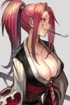  1girl amputee baiken black_kimono breasts cleavage facial_tattoo grey_background guilty_gear guilty_gear_xrd hankuri japanese_clothes kataginu katana kimono large_breasts multicolored multicolored_clothes multicolored_kimono obi one-eyed open_clothes open_kimono pink_hair pipe ponytail samurai sash scar scar_across_eye sheath sword tattoo weapon white_kimono 