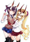  2018 2girls :d alternate_costume bangs beret black_legwear blonde_hair blue_neckwear blue_outline blue_skirt blush breasts brown_eyes closed_mouth collared_shirt eyebrows_visible_through_hair facial_mark fang fang_out fate/grand_order fate_(series) fingernails forehead_mark garter_straps glasses hair_between_eyes hair_ornament hair_scrunchie hand_up hat hijiri_ruka horns ibaraki_douji_(fate/grand_order) long_hair long_sleeves looking_at_viewer multiple_girls necktie oni oni_horns open_mouth plaid plaid_neckwear plaid_skirt pleated_skirt purple_hair purple_scrunchie red_neckwear red_skirt round_eyewear school_uniform scrunchie shirt short_eyebrows shuten_douji_(fate/grand_order) signature skirt small_breasts smile thick_eyebrows thigh-highs twintails very_long_hair violet_eyes white_background white_hat white_shirt 