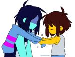  2others =_= armor blue_hair blue_skin brown_hair deltarune frisk_(undertale) kris_(deltarune) long_sleeves messy_hair multiple_others nenekantoku shaded_face shirt simple_background striped striped_shirt tying undershirt undertale upper_body white_background yellow_skin 