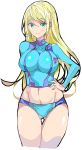  1girl ass_visible_through_thighs blonde_hair blue_eyes breasts crop_top enpe eyebrows_visible_through_hair hand_on_hip highres large_breasts long_hair long_sleeves looking_at_viewer metroid mole navel nintendo samus_aran simple_background smile solo thighs turtleneck underwear very_long_hair white_background zero_suit 