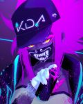  1girl akali baseball_cap choker cropped_jacket face_mask gloves glowing hat highres inosia inverted_colors k/da_(league_of_legends) k/da_akali league_of_legends looking_at_viewer mask paint ponytail purple_hair solo spray_can ultraviolet_light yellow_eyes 