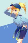  1girl artoria_pendragon_(all) blonde_hair blue_background blue_eyes blue_hat blue_shirt blue_skirt blue_sweater breasts cis05 clothes_around_waist dress_shirt fate/grand_order fate_(series) grin hair_between_eyes hat leaning_forward long_hair looking_at_viewer medium_breasts mysterious_heroine_x pencil_skirt police police_uniform policewoman ponytail shirt sidelocks skirt smile solo standing sweater sweater_around_waist uniform 