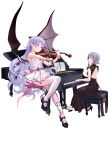  2girls alternate_costume alternate_hair_length alternate_hairstyle back_cutout backless_dress backless_outfit bangs bare_arms bare_shoulders bat_wings black_dress black_footwear blue_eyes blue_hair blush bow braid chair dress fkey full_body green_bow high_heels holding holding_instrument instrument izayoi_sakuya long_hair looking_at_viewer looking_back mary_janes mismatched_legwear multiple_girls musical_note musical_note_print no_hat no_headwear paper parted_lips petticoat piano pink_legwear pink_sash red_eyes remilia_scarlet sash shoes short_dress silver_hair sitting sleeveless sleeveless_dress thigh-highs touhou transparent_background treble_clef twin_braids very_long_hair violin violin_bow white_dress white_legwear wings wrist_cuffs 