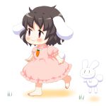  1girl :3 animal_ears arms_at_sides barefoot bebeneko black_hair blush_stickers bunny_tail carrot_necklace chibi dress inaba_tewi looking_to_the_side open_hands pink_dress puffy_short_sleeves puffy_sleeves rabbit rabbit_ears red_eyes short_hair short_sleeves simple_background smile solo tail touhou walking white_background |_| 