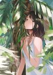  1girl black_hair brown_eyes collarbone day dress fly_(marguerite) long_hair looking_at_viewer original outdoors parted_lips sleeveless sleeveless_dress solo sundress tree upper_body white_dress 