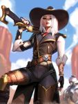  1girl arm_at_side ashe_(overwatch) asymmetrical_clothes belt black_nails blue_sky bob_(overwatch) cowboy_hat eyeshadow fingerless_gloves gloves gun hat liang_xing lipstick looking_at_viewer loose_belt makeup medium_hair mole mole_above_mouth nail_polish over_shoulder overwatch red_lipstick rifle robot sky smile smoke solo_focus tattoo weapon weapon_over_shoulder white_hair 