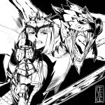  1girl absurdres armor blush cete_(controllingtime) greyscale highres monochrome monster_hunter monster_hunter:_world rathalos rathalos_(armor) short_hair solo sword weapon 