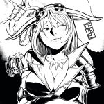  1girl absurdres armor blush breasts cete_(controllingtime) greyscale highres jewelry looking_at_viewer mole mole_under_mouth monochrome monster_hunter monster_hunter:_world necklace open_mouth short_hair smile solo tongue tzitzi-ya-ku tzitzi-ya-ku_(armor) 