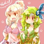  blonde_hair blush breasts cleavage commentary_request earrings final_fantasy final_fantasy_iv green_hair hair_ornament jewelry long_hair multiple_girls ponytail rosa_farrell rydia smile sunagimo_(nagimo) 