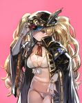  1girl belly bikini blush bow_(bhp) breasts brown_eyes commentary_request frown granblue_fantasy hat hat_feather hat_over_one_eye large_breasts long_hair midriff monica_weisswind pink_background shingeki_no_bahamut simple_background solo swimsuit twintails very_long_hair white_bikini 