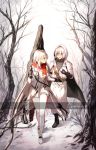  1boy 1girl bare_tree boots commander_(girls_frontline) commentary_request forest girls_frontline gloves hood hooded_jacket iws-2000_(girls_frontline) jacket korean_commentary monocle nature red_eyes scarf silence_girl snow tree white_hair 