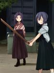  2girls alternate_costume annin_musou blush brown_hakama commentary_request full_body green_hakama hakama highres holding holding_sword holding_weapon japanese_clothes kantai_collection multiple_girls one_eye_closed outdoors purple_hair short_hair smile standing sword tatsuta_(kantai_collection) tenryuu_(kantai_collection) tongue tongue_out violet_eyes weapon wooden_sword yellow_eyes 