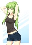  1girl armpits arms_up black_shirt blue_shorts c.c. code_geass collar contrapposto eyebrows_visible_through_hair green_hair hands_in_hair high_ponytail highres long_hair midriff mouth_hold setu_kurokawa shiny shiny_hair shirt short_shorts shorts sleeveless sleeveless_shirt solo standing stomach tying_hair very_long_hair white_background yellow_eyes 