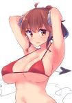  1girl ahoge armpits arms_up bikini breasts brown_eyes brown_hair cleavage commentary_request highres hips large_breasts long_hair looking_at_viewer nitro_(mugityaoisii) ponytail red_bikini simple_background solo swimsuit wavy_mouth white_background 