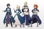  2boys 2girls adapted_costume armored_boots arthur_pendragon_(fate) arthur_pendragon_(fate)_(cosplay) artoria_pendragon_(all) belt black_hair blonde_hair boots cosplay fate/grand_order fate/prototype fate/stay_night fate_(series) fujimaru_ritsuka_(female) fujimaru_ritsuka_(male) full_body gradient gradient_background grey_background kaworu_(kaw_lov) looking_at_another multiple_boys multiple_girls one_side_up orange_hair pants pelvic_curtain saber saber_(cosplay) simple_background 