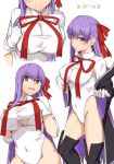  1girl bb_(fate)_(all) bb_(fate/extra_ccc) bb_(swimsuit_mooncancer)_(fate) black_coat blush boots breasts bursting_breasts commentary_request covered_navel groin highleg highleg_leotard large_breasts leotard long_hair looking_at_viewer multiple_views popped_collar purple purple_hair red_eyes ribbon shiseki_hirame simple_background solo standing torn_clothes very_long_hair violet_eyes white_background 