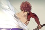  1boy brown_hair cis05 emiya_shirou fate/grand_order fate_(series) grey_background holding holding_sword holding_weapon limited/zero_over long_sleeves male_focus red_ribbon red_sleeves ribbon sheath sheathed simple_background solo spiky_hair sword upper_body weapon 