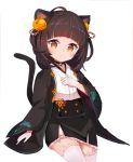  1girl ahoge animal_ears arara_(rladkfk511) bell black_kimono black_skirt blade_&amp;_soul brown_eyes brown_hair cat_ears cat_tail garter_straps gloves hair_ornament hand_on_own_chest highres japanese_clothes jingle_bell kimono lyn_(blade_&amp;_soul) open_clothes open_kimono shirt short_hair short_kimono simple_background skirt smile solo tail thigh-highs white_background white_gloves white_legwear white_shirt 