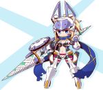  1girl armored_boots artoria_pendragon_(all) blonde_hair blue_background blue_eyes blue_scarf blush boots breasts center_opening chibi clenched_hand closed_mouth commentary_request fate/grand_order fate_(series) full_body gloves grey_leotard hand_up helmet high_ponytail highres holding holding_weapon knee_boots leotard long_hair mecha_musume mysterious_heroine_xx_(foreigner) naga_u navel ponytail scarf shadow sidelocks skin_tight small_breasts smile solo standing twinmyniad two-tone_background weapon white_background white_footwear white_gloves 