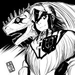  1girl absurdres armor breasts cete_(controllingtime) great_jagras greyscale highres horns long_hair looking_at_viewer monochrome monster_hunter monster_hunter:_world open_mouth smile solo weapon 