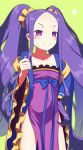  1girl absurdres bangs blue_bow blush bow chinese_clothes closed_mouth collarbone commentary_request dress fate/grand_order fate_(series) forehead frilled_dress frills green_background hair_ornament hair_scrunchie hand_up hanfu highres long_hair looking_at_viewer parted_bangs purple_dress purple_hair sanbe_futoshi scrunchie sidelocks simple_background smile solo standing strapless strapless_dress v-shaped_eyebrows very_long_hair violet_eyes wu_zetian_(fate/grand_order) yellow_scrunchie 