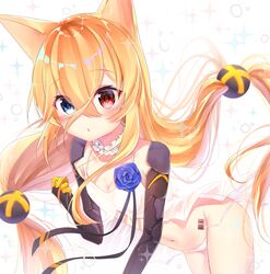  1girl animal_ears babydoll bangs barcode_tattoo blonde_hair blue_eyes blue_flower blue_rose blush breasts cleavage collarbone commentary_request eyebrows_visible_through_hair flower g41_(girls_frontline) girls_frontline gyozanuko hair_between_eyes hand_up heterochromia long_hair looking_at_viewer low-tied_long_hair navel panties parted_lips red_eyes rose side-tie_panties sidelocks small_breasts solo sparkle tattoo underwear untied untied_panties very_long_hair white_babydoll white_background white_panties 