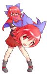  1girl black_footwear black_shirt blue_bow boots bow cape dairi disembodied_head hair_bow long_sleeves looking_at_viewer miniskirt open_mouth red_cape red_eyes red_skirt redhead sekibanki shirt short_hair skirt solo standing tachi-e touhou 