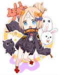  1girl abigail_williams_(fate/grand_order) alternate_hairstyle balloon bandaid_on_forehead bangs belt black_bow black_jacket blonde_hair blue_eyes bow chibi crossed_bandaids fate/grand_order fate_(series) forehead fou_(fate/grand_order) hair_bow hair_bun heroic_spirit_traveling_outfit jacket legs long_hair medjed open_mouth orange_bow parted_bangs polka_dot polka_dot_bow red_footwear sino_(sionori) sleeves_past_fingers sleeves_past_wrists stuffed_animal stuffed_toy teddy_bear thighs tokitarou_(fate/grand_order) white_background 
