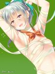  1girl armpits arms_up bangs blush bow bowtie breasts breasts_apart character_request commentary_request eye_color_request eyebrows_visible_through_hair flying_sweatdrops green_background grey_hair halloween juurouta kantai_collection long_hair looking_at_viewer loose_bowtie open_mouth orange_neckwear sketch_eyebrows skindentation small_breasts solo twitter_username tying_hair upper_body yuubari_(kantai_collection) 