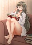  1girl adjusting_eyewear barefoot book bra breasts brown_eyes brown_hair cleavage couch full_body futaba_rio glasses highres kazenokaze labcoat lace lace_bra long_hair looking_at_viewer medium_breasts red_bra seishun_buta_yarou semi-rimless_eyewear sitting solo under-rim_eyewear underwear 