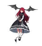  1girl absurdres bad_id bad_twitter_id black_capelet black_dress black_footwear black_wings book capelet demon_girl demon_tail dress floating_hair full_body head_wings highres holding holding_book koakuma large_wings long_hair long_sleeves mary_janes petticoat redhead shirt shishi_osamu shoes simple_background smile socks solo tail touhou white_background white_legwear white_shirt wings yellow_eyes 