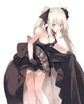  1girl :d black_bow black_dress black_gloves blue_eyes bow breasts choker cis05 cleavage dress eyebrows_visible_through_hair fan fate/grand_order fate_(series) feathers floating_hair gloves hair_bow hair_feathers holding holding_fan jewelry leaning_forward long_hair looking_at_viewer marie_antoinette_(fate/grand_order) medium_breasts necklace open_mouth shiny shiny_hair silver_hair simple_background skirt_hold sleeveless sleeveless_dress smile solo standing strapless strapless_dress twintails very_long_hair white_background white_feathers 
