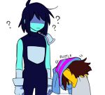  2others ? blue_hair brown_hair deltarune english frisk_(undertale) hair_over_eyes height_difference kris_(deltarune) long_sleeves messy_hair multiple_others nenekantoku shaded_face shirt short_hair simple_background striped striped_shirt turtleneck twitter_username undershirt undertale undressing white_background 