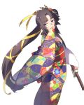  1girl :d alternate_costume bangs black_hair blue_eyes cis05 eyebrows_visible_through_hair fate/grand_order fate_(series) floating_hair from_side hair_ribbon holding holding_sheath japanese_clothes kimono long_hair looking_at_viewer obi open_mouth print_kimono ribbon sash sheath sheathed side_ponytail simple_background smile solo standing ushiwakamaru_(fate/grand_order) very_long_hair white_background yellow_ribbon yukata 