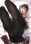  1girl ama_mitsuki bangs black_footwear black_hair black_legwear blush brown_eyes cardigan_vest feet foreshortening glasses grey_skirt highres loafers looking_at_viewer lying miniskirt on_back on_bed original pantyhose scan shirt shoes shoes_removed short_hair signature skirt solo white_shirt 