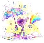  1boy :d bandaid blue_umbrella boots fish full_body game_&amp;_watch highres male_focus mr._game_&amp;_watch nintendo open_mouth puddle rain rainbow rubber_boots shiwasuda_kuuu smile solo standing star super_smash_bros. umbrella water_drop 