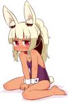 1girl :&lt; animal_ear_fluff animal_ears bangs bare_legs bare_shoulders barefoot between_legs blonde_hair blush bunny_girl bunny_tail bunnysuit closed_mouth collarbone eyebrows_visible_through_hair fingernails flat_chest hair_between_eyes hand_between_legs heart heart-shaped_pupils high_ponytail highres leotard long_hair looking_at_viewer naga_u nose_blush original ponytail purple_leotard rabbit_ears red_eyes shadow sidelocks sitting solo strapless strapless_leotard symbol-shaped_pupils tail tan wariza white_background wrist_cuffs 