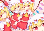  4girls :o arms_around_neck blonde_hair cravat eyebrows_visible_through_hair fang flandre_scarlet four_of_a_kind_(touhou) hair_between_eyes hands_on_another&#039;s_shoulders hat hat_ribbon head_tilt looking_at_viewer midriff mob_cap multiple_girls navel one_eye_closed open_mouth pink_background puffy_short_sleeves puffy_sleeves red_eyes red_skirt red_vest ribbon short_hair short_sleeves side_ponytail simple_background skirt skirt_set smile suiton_(000suiton) touhou vest wings wrist_cuffs yellow_neckwear 