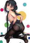  1girl ass black_hair blush bra breasts candy feet food hair_bobbles hair_ornament hair_over_shoulder highres jaga_yamatarawo kneeling large_breasts leaning_forward lollipop long_hair looking_back mouth_hold no_shoes original panties panties_under_pantyhose pantyhose red_eyes scan skirt skirt_lift solo strap_gap thighband_pantyhose twintails underwear very_long_hair white_bra white_panties 