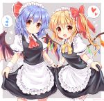  2girls alternate_costume apron artist_name ascot bangs bat_wings black_dress blonde_hair blue_hair blush border bow breasts commentary_request cowboy_shot crystal dress enmaided eyebrows_visible_through_hair fang flandre_scarlet frilled_apron frilled_bow frills grey_background hair_between_eyes hair_bow hair_ribbon head_tilt heart highres leaning_forward long_hair looking_at_viewer maid maid_apron multiple_girls musical_note neck_ribbon no_hat no_headwear one_side_up open_mouth outside_border puffy_short_sleeves puffy_sleeves ramudia_(lamyun) red_bow red_eyes red_neckwear red_ribbon remilia_scarlet ribbon shirt short_hair short_sleeves siblings simple_background sisters skirt_hold small_breasts smile spoken_heart spoken_musical_note standing thigh-highs touhou twitter_username waist_apron white_apron white_border white_legwear white_shirt wings wrist_cuffs yellow_neckwear yellow_ribbon zettai_ryouiki 