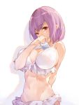  1girl bangs bikini blush breasts cellphone cleavage commentary_request eyebrows_visible_through_hair frilled_bikini frills front-tie_top hana_mori highres holding holding_cellphone holding_phone large_breasts lavender_hair looking_at_viewer navel phone red_eyes shinjou_akane short_hair smartphone solo ssss.gridman standing swimsuit white_bikini 