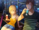  1boy 1girl blonde_hair blue_eyes blue_shorts blush breasts brown_hair building cityscape closed_eyes contemporary cup denim drink elf gem hair_between_eyes highres holding holding_cup indoors kururi mujintou_de_elf_to_kyoudou_seikatsu official_art pointy_ears shirt short_shorts shorts sitting skyscraper small_breasts smile striped striped_shirt sword t-shirt weapon window 